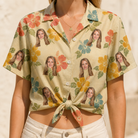 Woman wearing Women's Atomic Atoll Custom Face Hawaiian Shirt tied at the waist