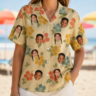 Model wearing Women's Atomic Atoll Custom Face Hawaiian Shirt printed with kids' faces