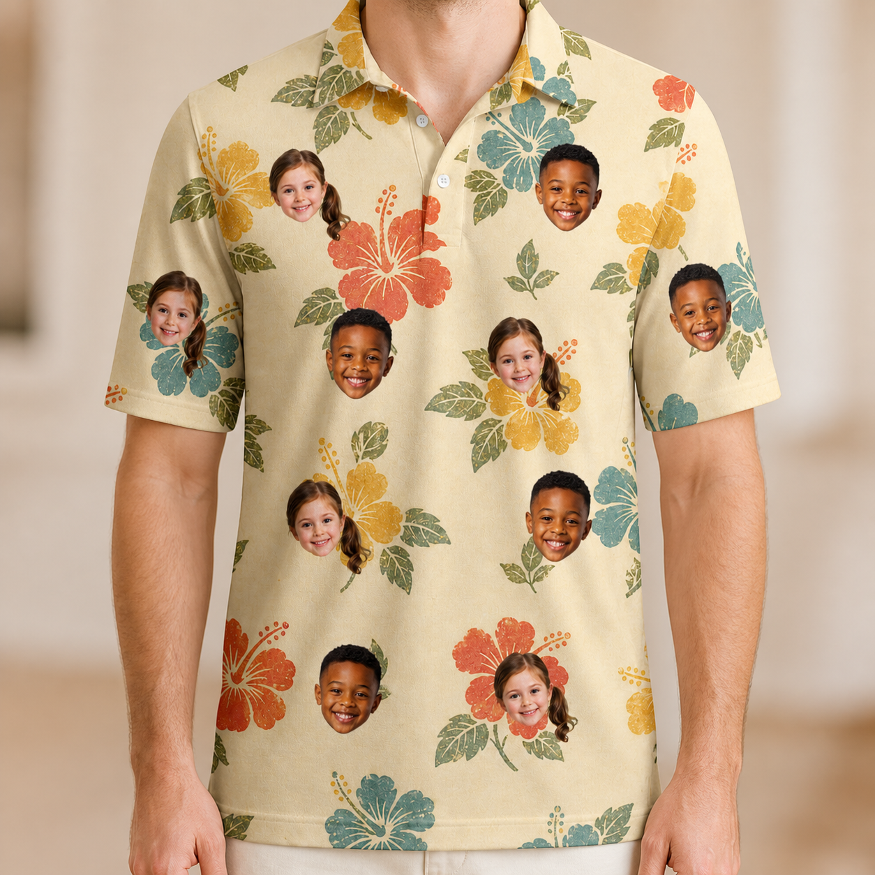 Model wearing Men's Atomic Atoll Custom Face Polo Shirt printed with kids' faces