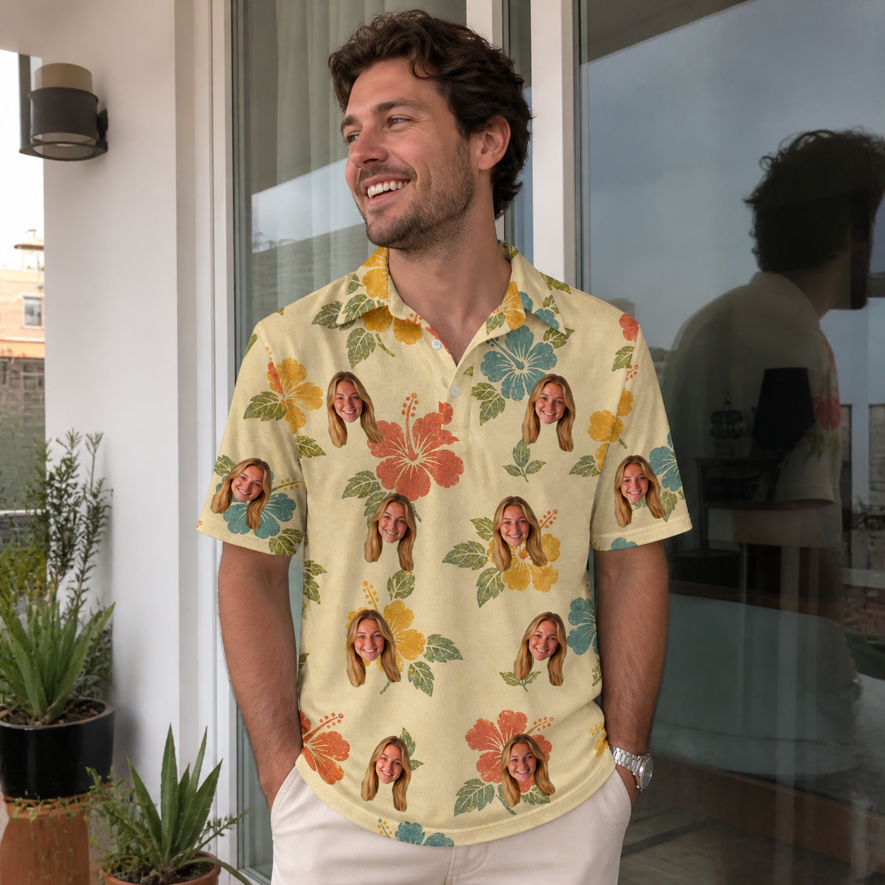 Real-life photo of someone wearing Men's Atomic Atoll Custom Face Polo Shirt — custom faces printed all-over