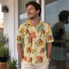 Real-life photo of someone wearing Men's Atomic Atoll Custom Face Polo Shirt — custom faces printed all-over