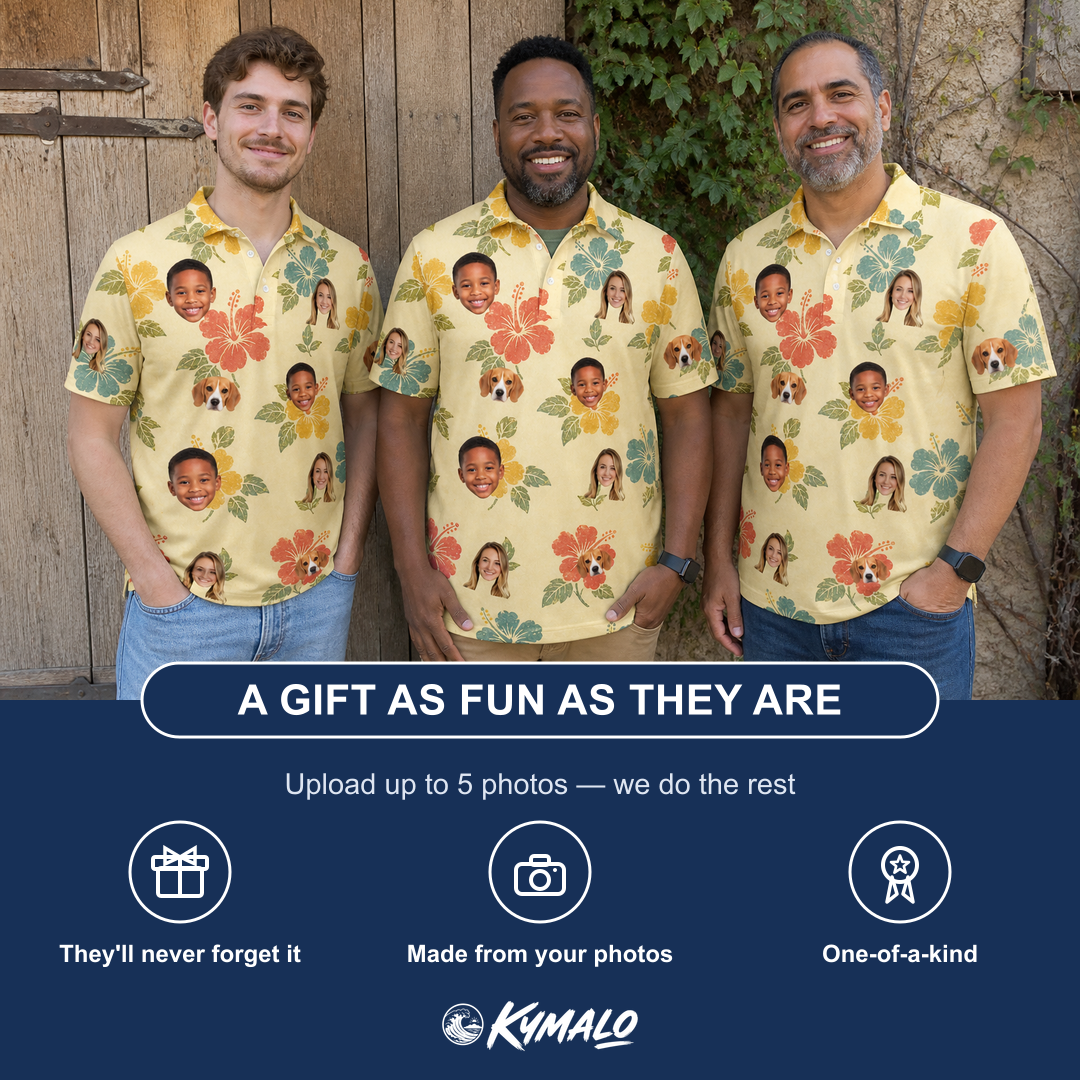 Friends in matching Men's Atomic Atoll Custom Face Polo Shirt — a group gift photo