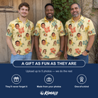 Friends in matching Men's Atomic Atoll Custom Face Polo Shirt — a group gift photo