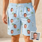 Man wearing Men's Chrome Fronds Custom Face Beach Shorts — custom faces printed all-over