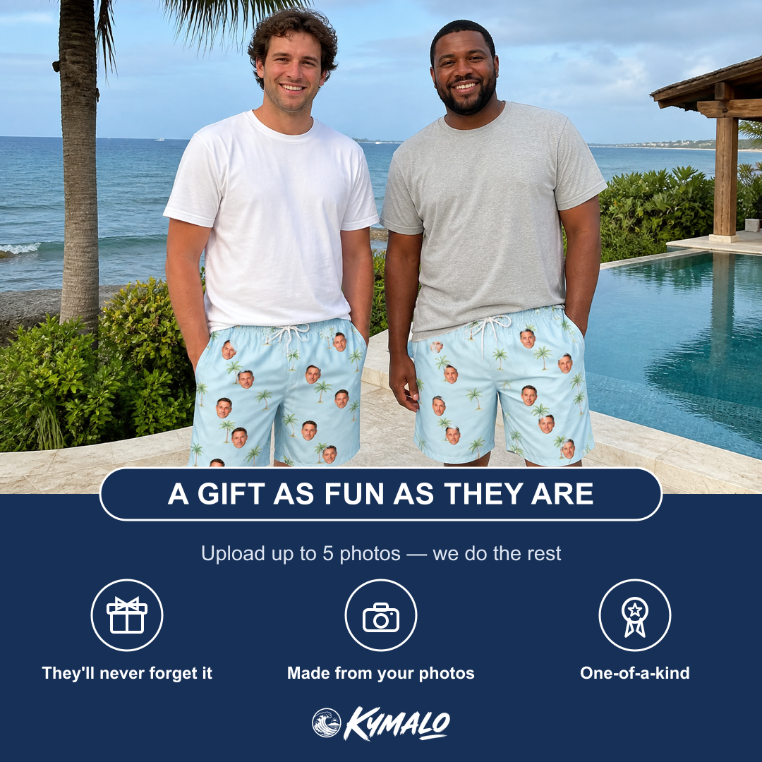 Friends in matching Men's Chrome Fronds Custom Face Beach Shorts — a group gift photo