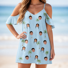 Model wearing Women's Chrome Fronds Custom Face Off-Shoulder Dress printed with kids' faces