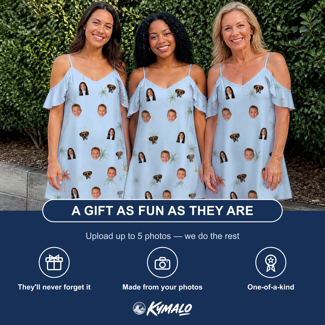 Friends in matching Women's Chrome Fronds Custom Face Off-Shoulder Dress — a group gift photo