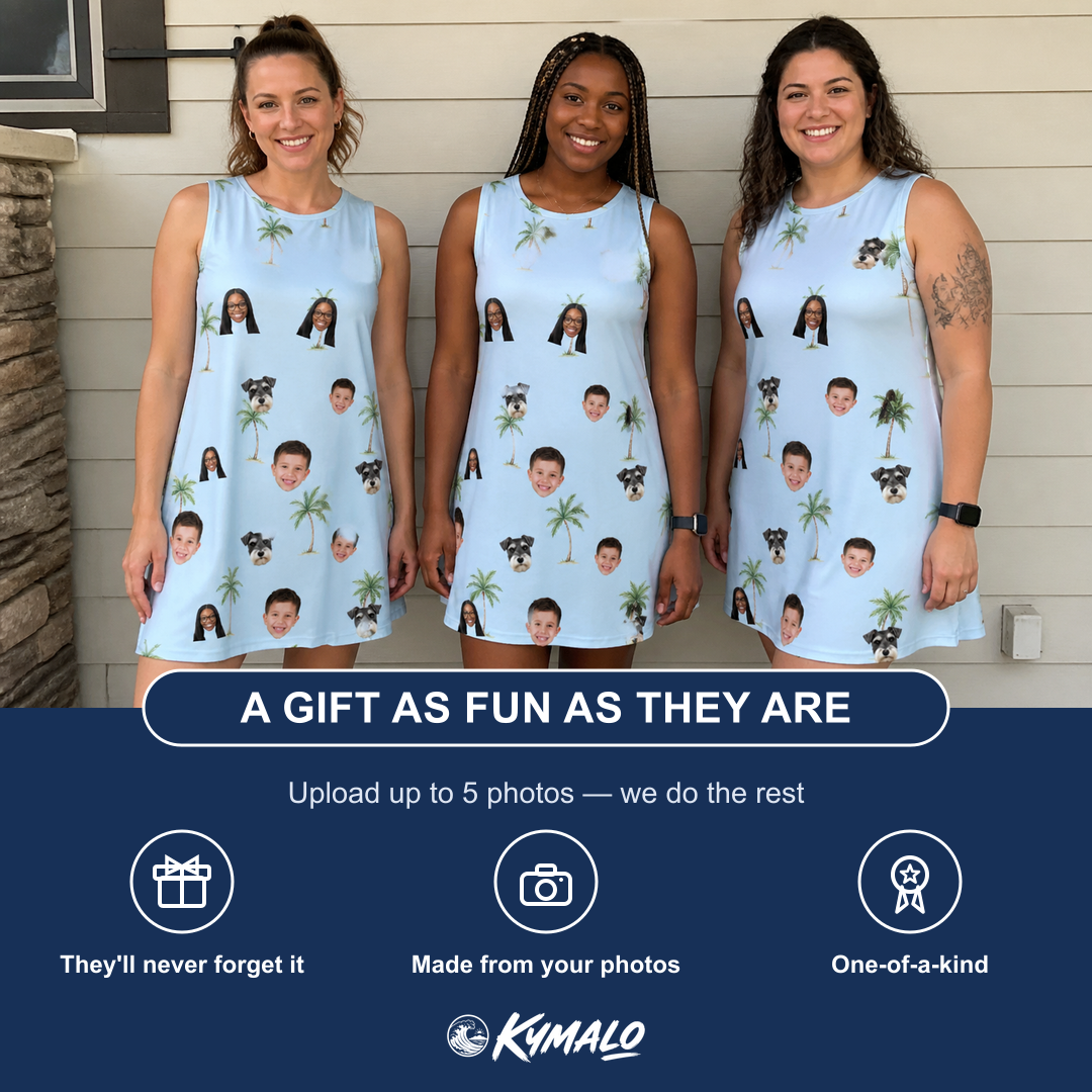 Friends in matching Women's Chrome Fronds Custom Face Tank Dress — a group gift photo