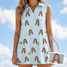 Woman wearing Women's Chrome Fronds Custom Face V-Neck Dress — custom faces printed all-over