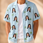 Man wearing Men's Chrome Fronds Custom Face Hawaiian Shirt open over a white tee