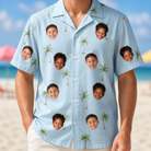 Model wearing Men's Chrome Fronds Custom Face Hawaiian Shirt printed with kids' faces