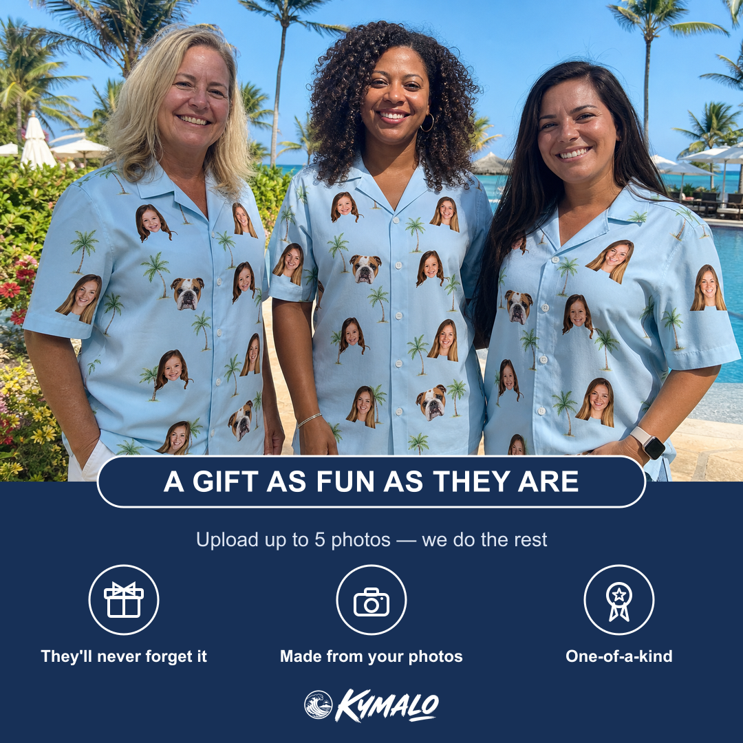 Friends in matching Women's Chrome Fronds Custom Face Hawaiian Shirt — a group gift photo