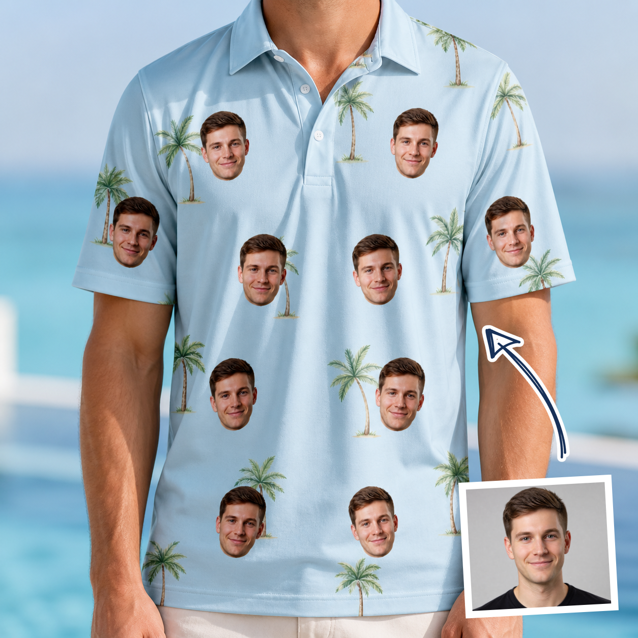 Man wearing Men's Chrome Fronds Custom Face Polo Shirt — custom faces printed all-over