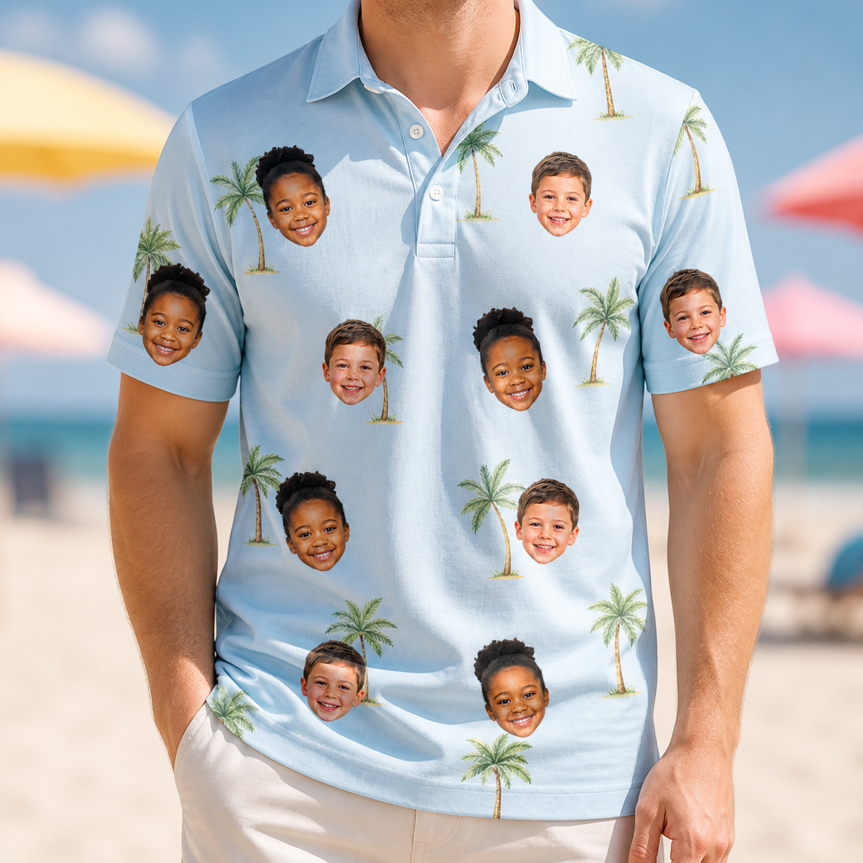 Model wearing Men's Chrome Fronds Custom Face Polo Shirt printed with kids' faces