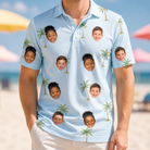 Model wearing Men's Chrome Fronds Custom Face Polo Shirt printed with kids' faces