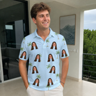 Real-life photo of someone wearing Men's Chrome Fronds Custom Face Polo Shirt — custom faces printed all-over