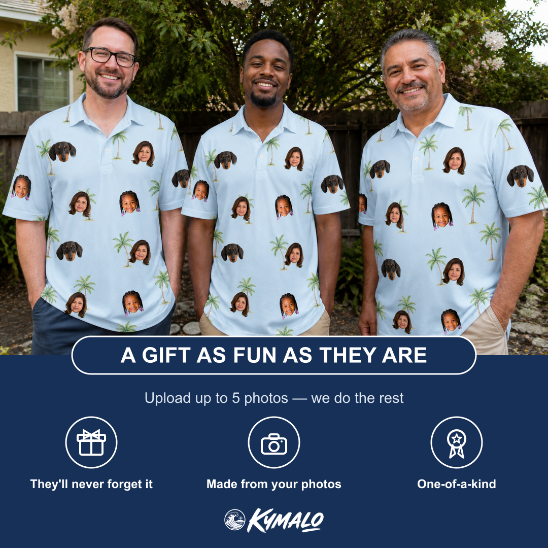 Friends in matching Men's Chrome Fronds Custom Face Polo Shirt — a group gift photo