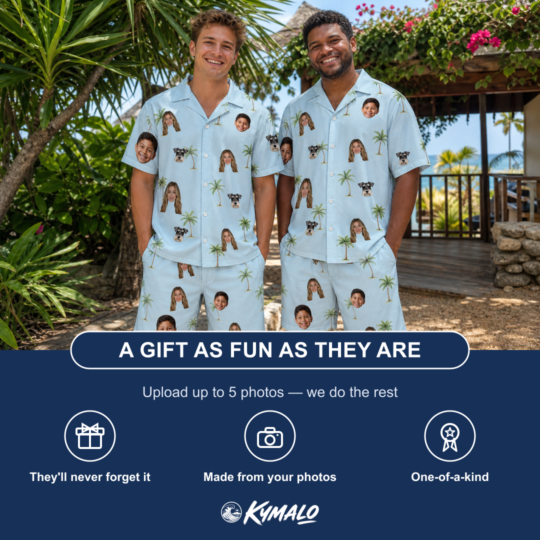 Friends in matching Men's Chrome Fronds Custom Face Shirt & Shorts Set — a group gift photo