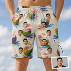 Man wearing Men's Sundown Swizzles Custom Face Beach Shorts — custom faces printed all-over
