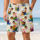 Model wearing Men's Sundown Swizzles Custom Face Beach Shorts printed with kids' faces