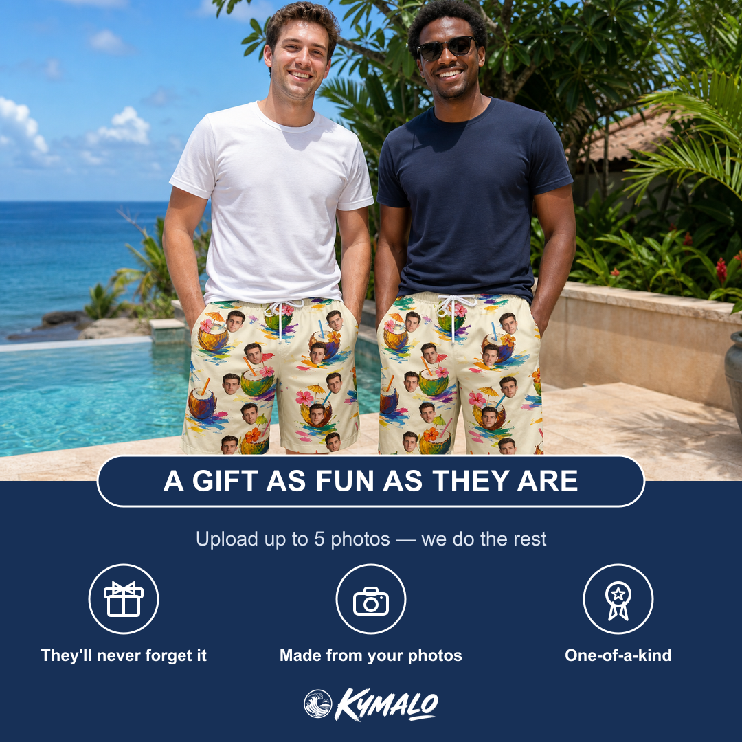 Friends in matching Men's Sundown Swizzles Custom Face Beach Shorts — a group gift photo