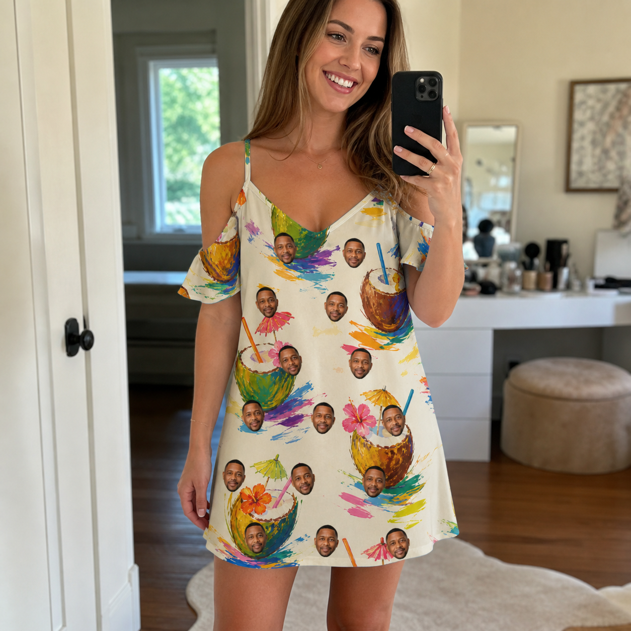 Real-life photo of someone wearing Women's Sundown Swizzles Custom Face Off-Shoulder Dress — custom faces printed all-over