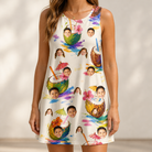 Model wearing Women's Sundown Swizzles Custom Face Tank Dress printed with kids' faces