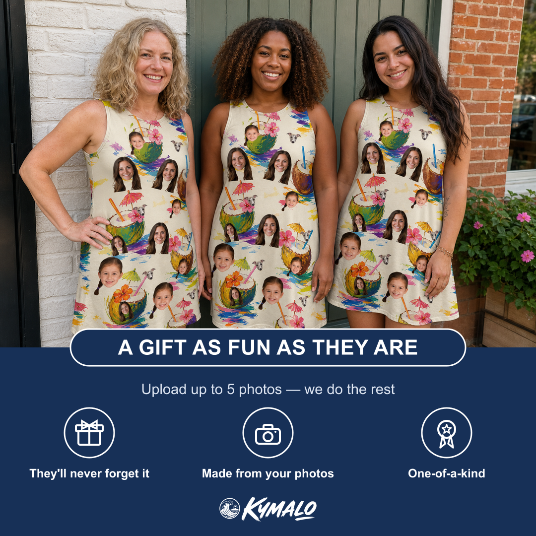 Friends in matching Women's Sundown Swizzles Custom Face Tank Dress — a group gift photo