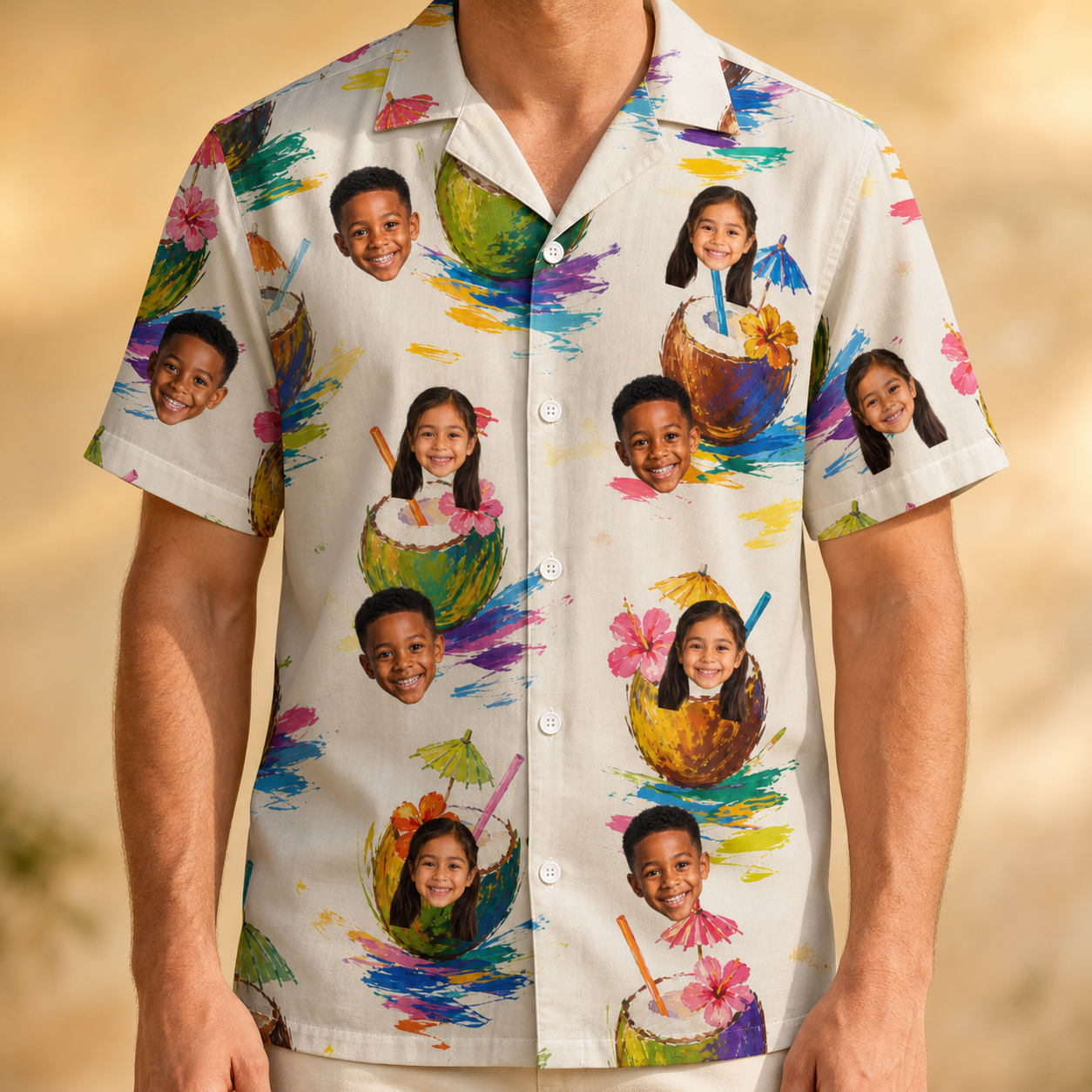 Model wearing Men's Sundown Swizzles Custom Face Hawaiian Shirt printed with kids' faces