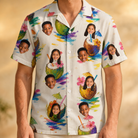 Model wearing Men's Sundown Swizzles Custom Face Hawaiian Shirt printed with kids' faces