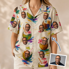 Woman wearing Women's Sundown Swizzles Custom Face Hawaiian Shirt — custom faces printed all-over