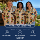 Friends in matching Women's Sundown Swizzles Custom Face Hawaiian Shirt — a group gift photo
