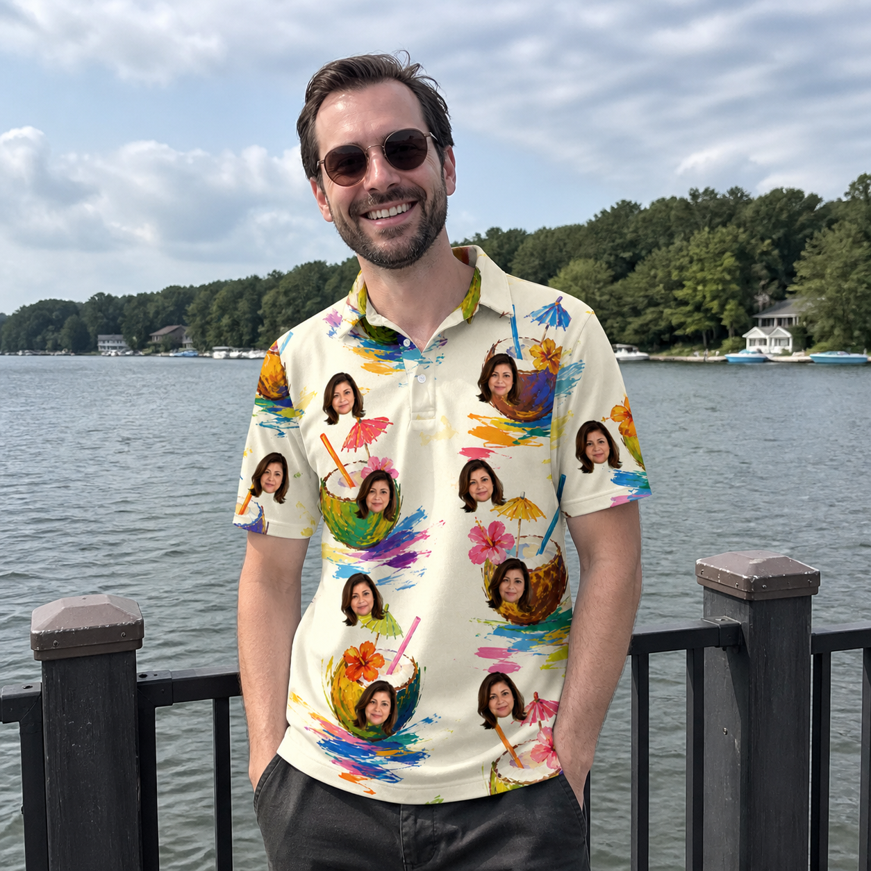 Real-life photo of someone wearing Men's Sundown Swizzles Custom Face Polo Shirt — custom faces printed all-over