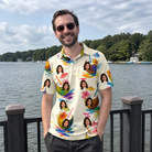 Real-life photo of someone wearing Men's Sundown Swizzles Custom Face Polo Shirt — custom faces printed all-over