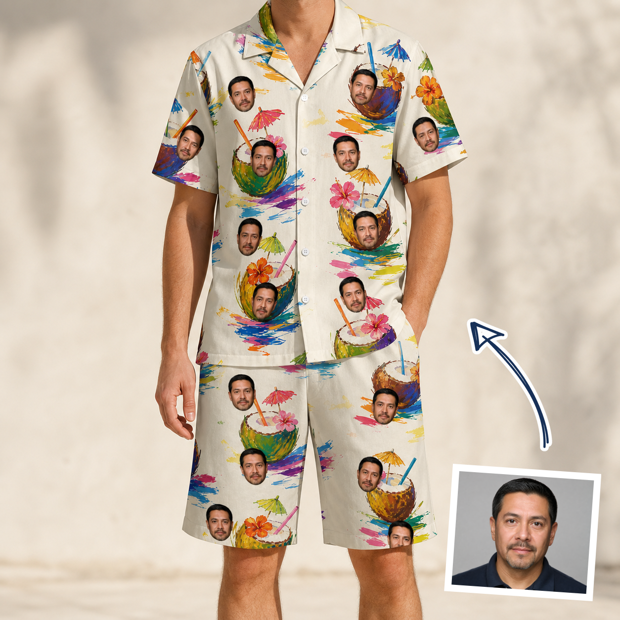 Man wearing Men's Sundown Swizzles Custom Face Shirt & Shorts Set — custom faces printed all-over