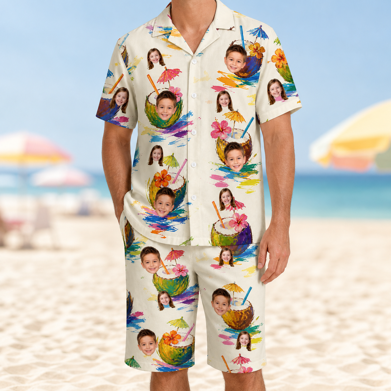 Model wearing Men's Sundown Swizzles Custom Face Shirt & Shorts Set printed with kids' faces