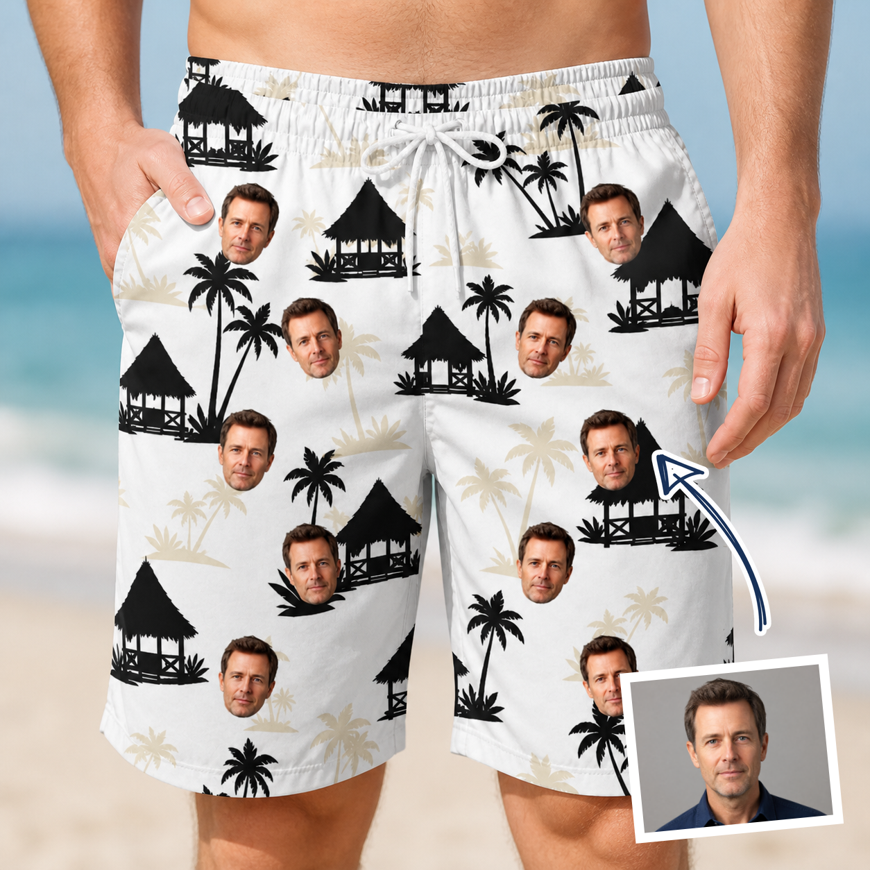 Man wearing Men's Thatched Timewarp Custom Face Beach Shorts — custom faces printed all-over