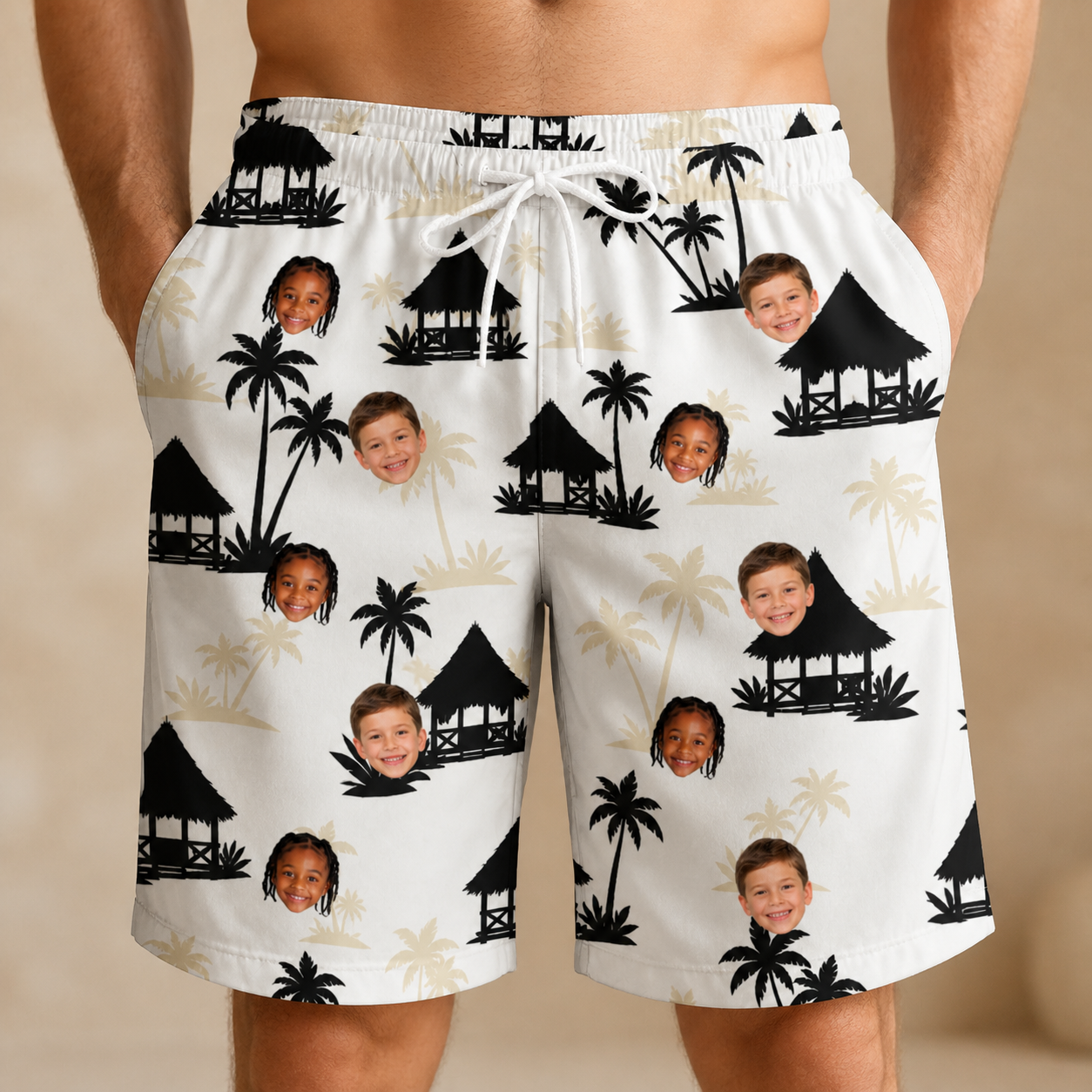 Model wearing Men's Thatched Timewarp Custom Face Beach Shorts printed with kids' faces