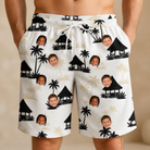 Model wearing Men's Thatched Timewarp Custom Face Beach Shorts printed with kids' faces
