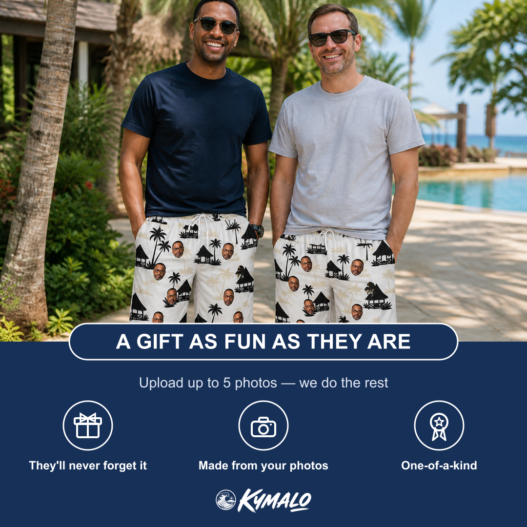 Friends in matching Men's Thatched Timewarp Custom Face Beach Shorts — a group gift photo