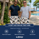 Friends in matching Men's Thatched Timewarp Custom Face Beach Shorts — a group gift photo