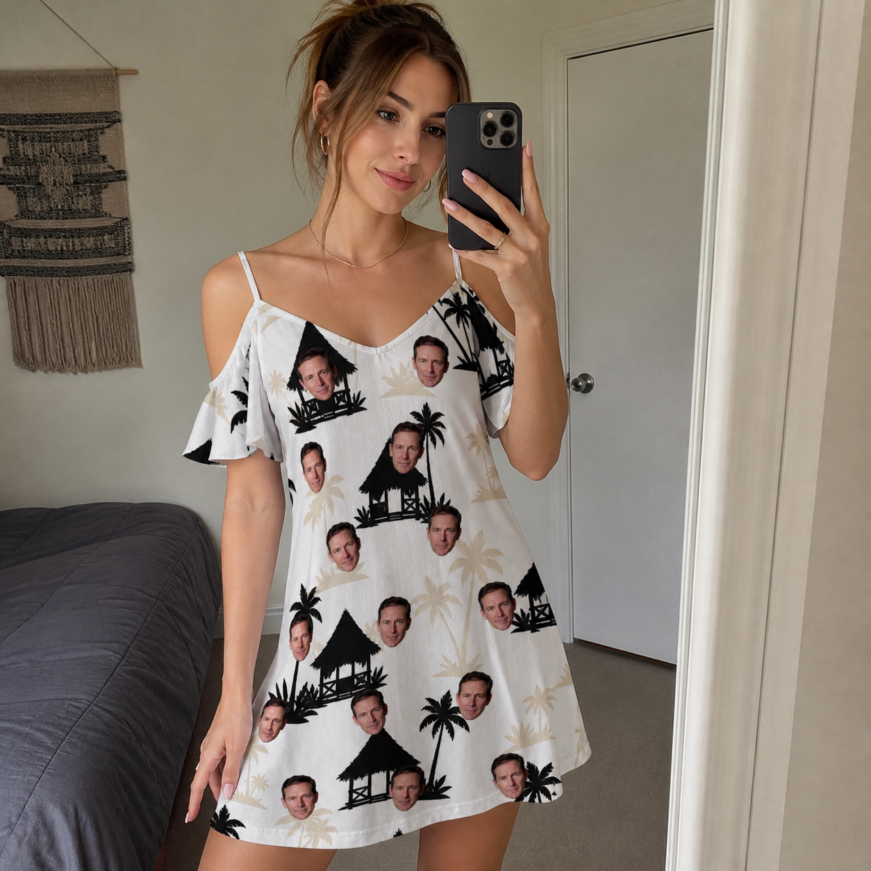 Real-life photo of someone wearing Women's Thatched Timewarp Custom Face Off-Shoulder Dress — custom faces printed all-over