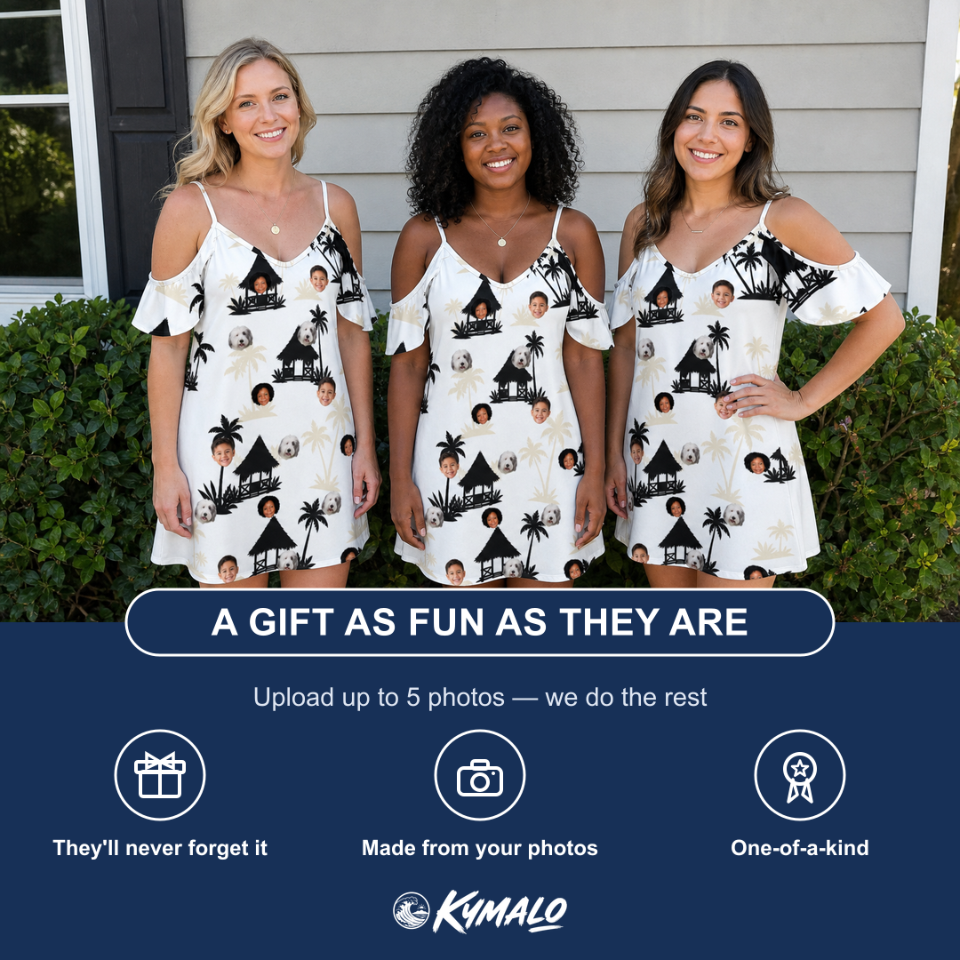 Friends in matching Women's Thatched Timewarp Custom Face Off-Shoulder Dress — a group gift photo