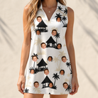 Model wearing Women's Thatched Timewarp Custom Face V-Neck Dress printed with kids' faces