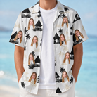 Man wearing Men's Thatched Timewarp Custom Face Hawaiian Shirt open over a white tee