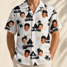 Model wearing Men's Thatched Timewarp Custom Face Hawaiian Shirt printed with kids' faces