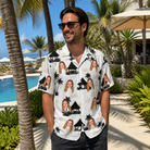 Real-life photo of someone wearing Men's Thatched Timewarp Custom Face Hawaiian Shirt — custom faces printed all-over