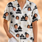 Model wearing Women's Thatched Timewarp Custom Face Hawaiian Shirt printed with kids' faces