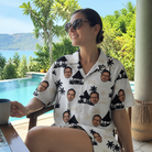 Real-life photo of someone wearing Women's Thatched Timewarp Custom Face Hawaiian Shirt — custom faces printed all-over