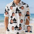 Man wearing Men's Thatched Timewarp Custom Face Polo Shirt — custom faces printed all-over